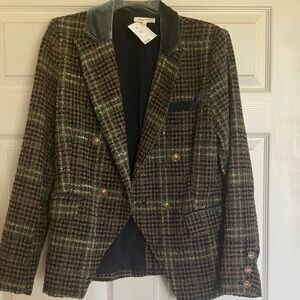 WomensTweed Blazer - Green Brown plaid with a light blue velvet trim on collar